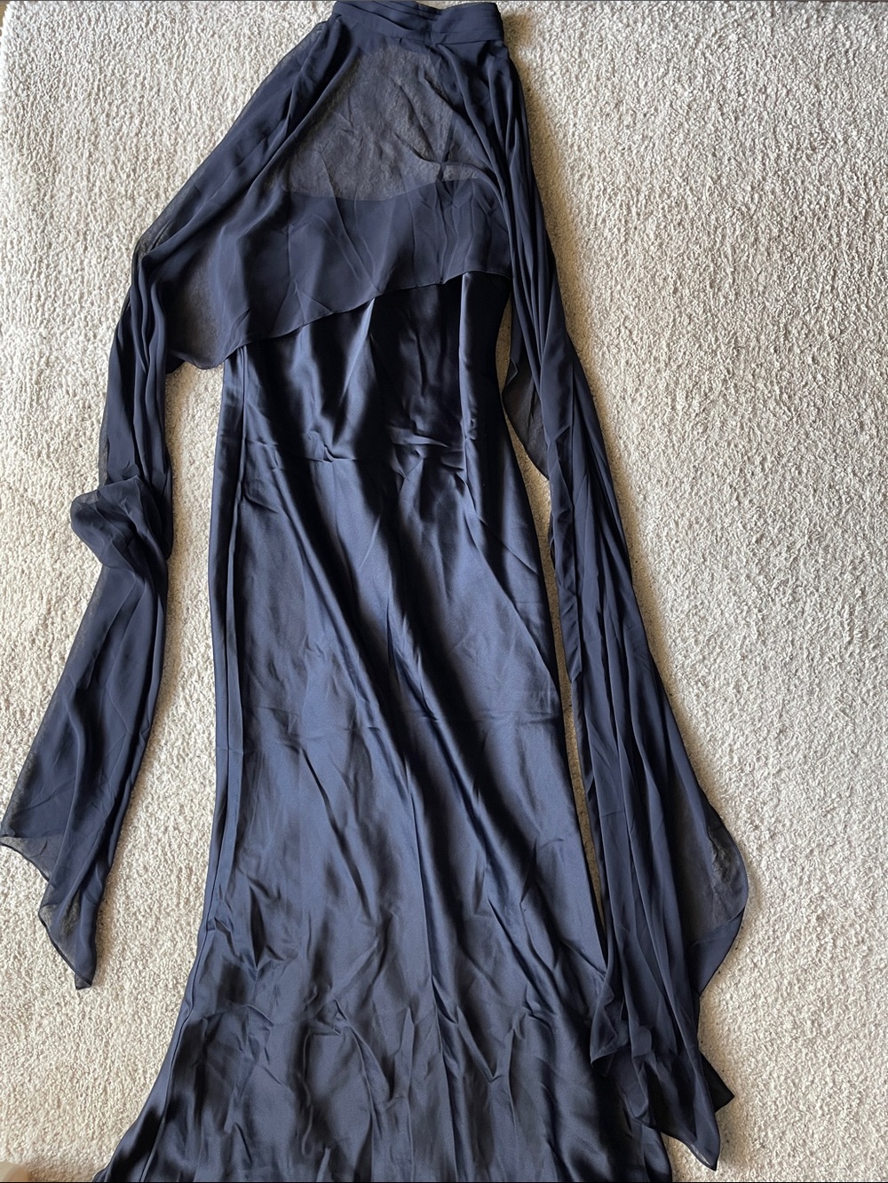 Xscape Evenings Laura Satin Gown Chiffon Overlay Sheer Shawl in Navy Blue 7521X - Picture 9 of 13